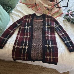 Forever 21 Burgundy and Black Plaid Open-Front Cardigan